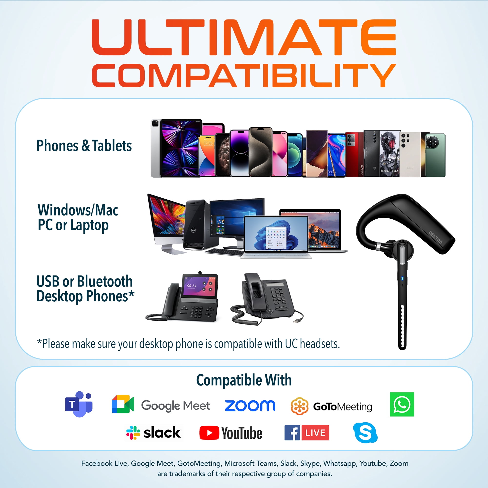 Ultralight Bluetooth Headset with Noise Cancelling Microphone, Bluetooth Earpiece with Carrying Case, Wireless Headset for PC/Laptop, Compatible with MS Teams, Zoom, Google Meet, and More - Black