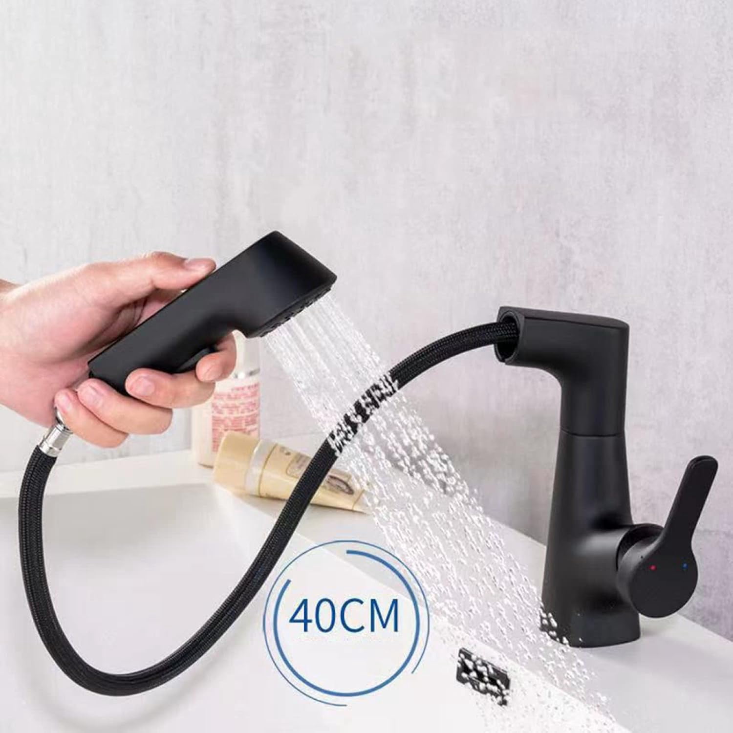 Bathroom Faucet with Pull Out Sprayer, 360° Rotation 2 Modes Faucets for Bathroom, Single Hole Faucet for Bathroom Sink Brass, Bathroom Faucet Single Handle,Black