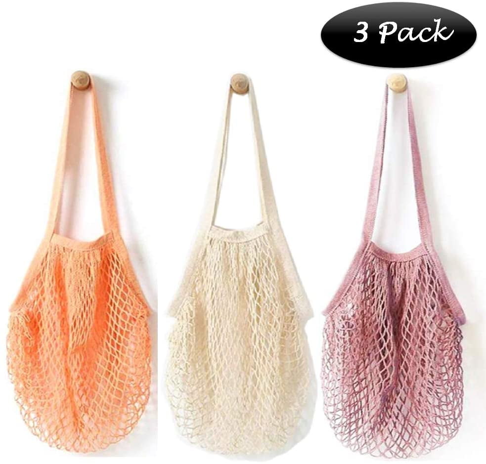 3-Pack Reusable Grocery Bags Mesh Beach Bag Cotton Net Shopping String Bags 
