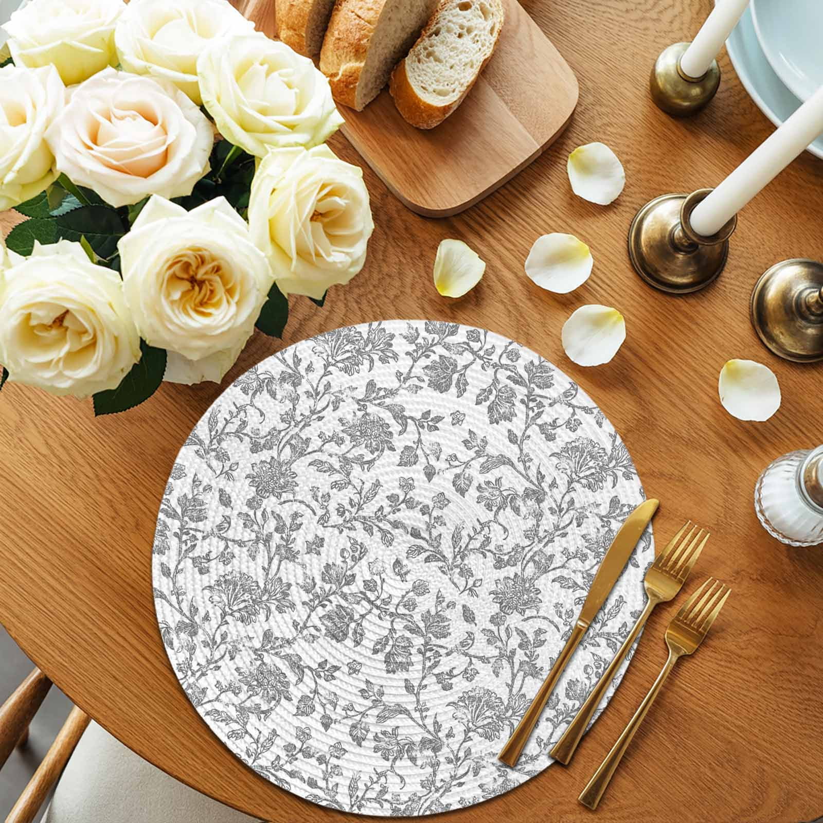 Grey Flower Round 13 Inch Placemats Set of 8, Vintage Farmhouse Boho Leaf Spring Plant HeatResistant Non Slip Place Mats for Dining Table, Wipeable Braided Kitchen Table Mats for Housewarming