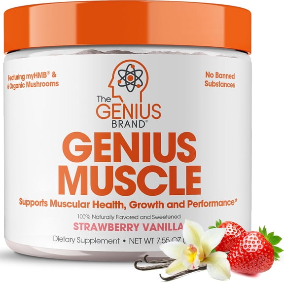 The Genius Brand Genius Muscle - Muscle Health Supplement for Growth, Endurance & Recovery - Non-Hormonal Formula - 6 Organic Mushrooms - Naturally-Sweetened - 30 Servings - Strawberry Vanilla