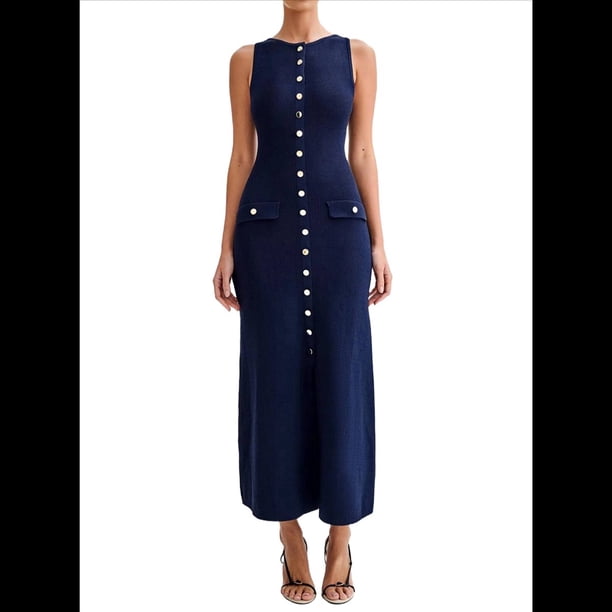 Vestido de Punto de Verano para Mujer, Sin Mangas, con Botonadura Sencilla, Cuello Redondo y Abertura, Ajustado Al Cuerpo. Azul L