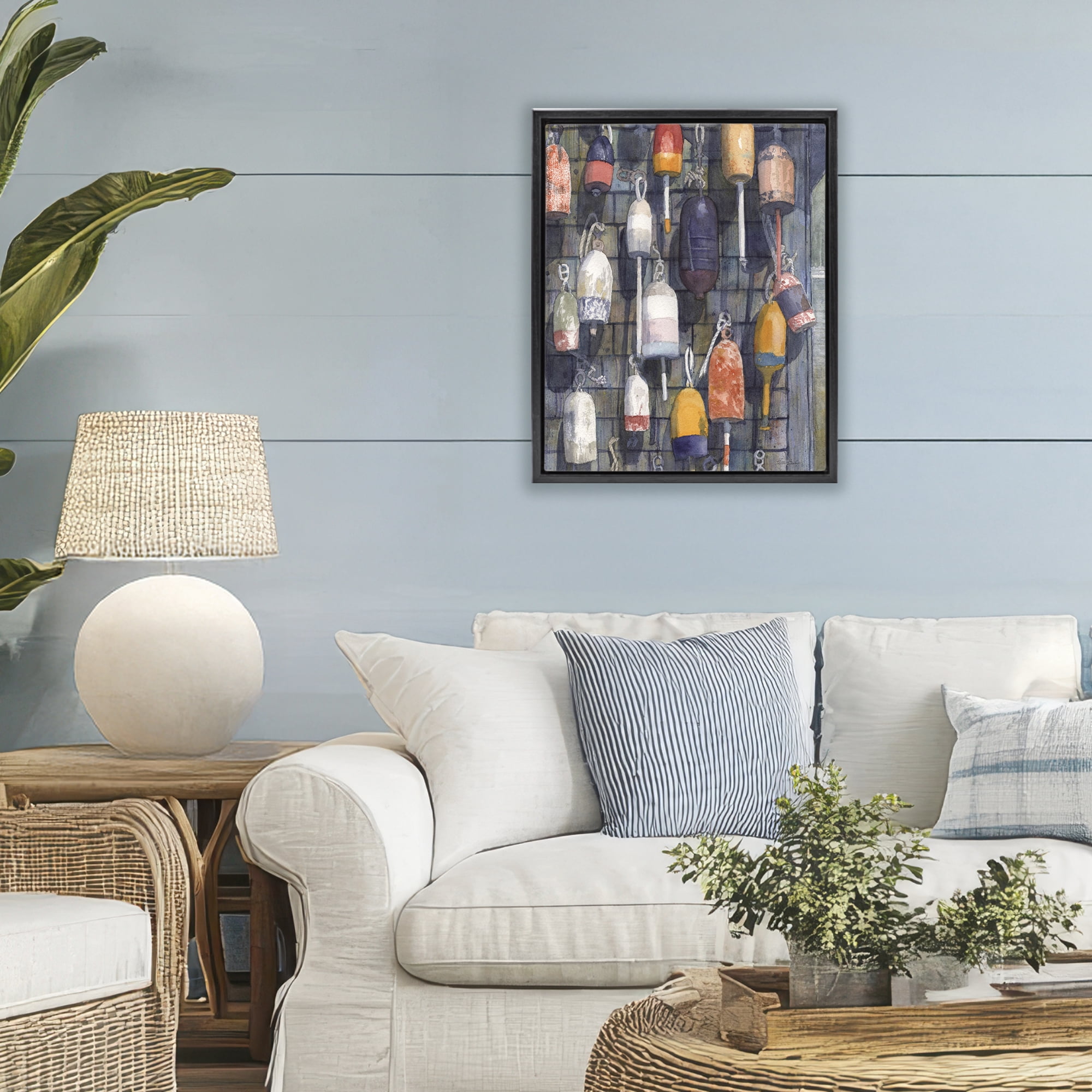 Stupell Industries Watercolor Hanging Buoys Black Framed Floater Canvas Wall Art, design by Patti Bishop