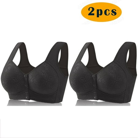 Crunowin 2Pc Women s Plus Size Bra Wireless Front Button Closure  Soft Lace Push Up Bra Casual Comfort Bras Black M