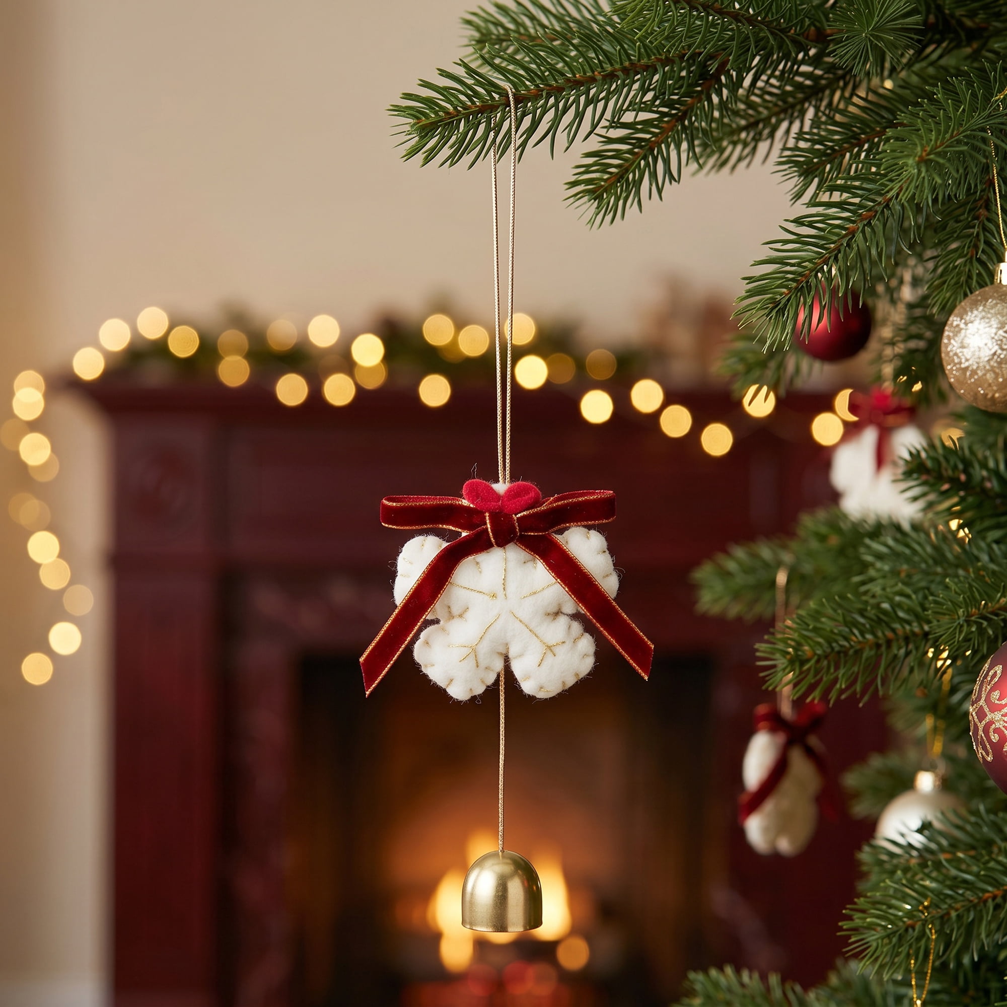 Unique Bargains 2Pcs Protection Velvet Hanging Metal Bells Copper White Snow Decor 3.5"L x 0.8"W x 6.3"H