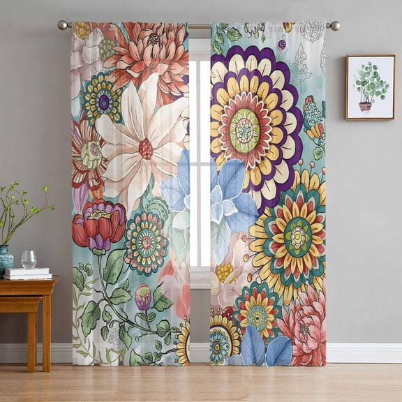 Boho Floral Sheer Curtains 63 Inches Length 2 Panels Set, Window Sheer Curtains for Living Room/Bedroom, Bohemia Colorful Mandalas Botanical Flower Light Filtering Rod Pocket Curtain 52'' x 63'' x 2