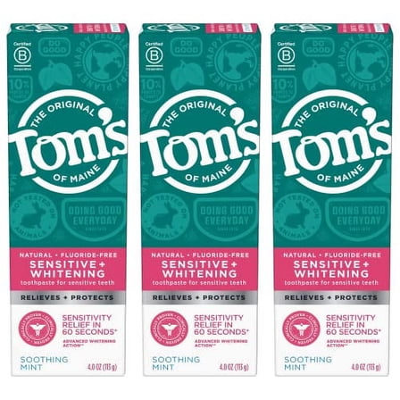 Tom's of Maine Sensitive SSF20   Whitening Fluoride Free Toothpaste,Soothing Mint 4.0 oz 3-Pack