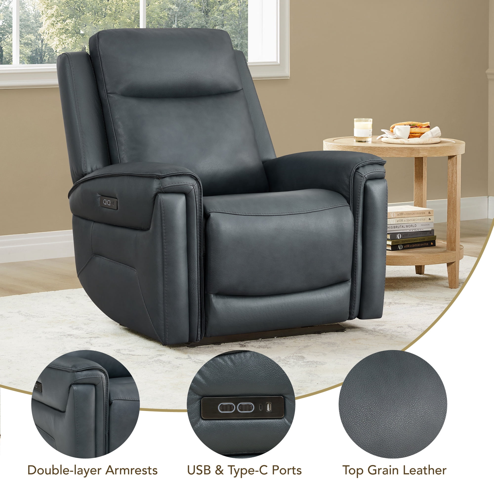 ReNest Dual Motor Power Recliner with Super Zero-Gravity Mode, Top-Grain Leather, USB and Type-C Charging,Navy