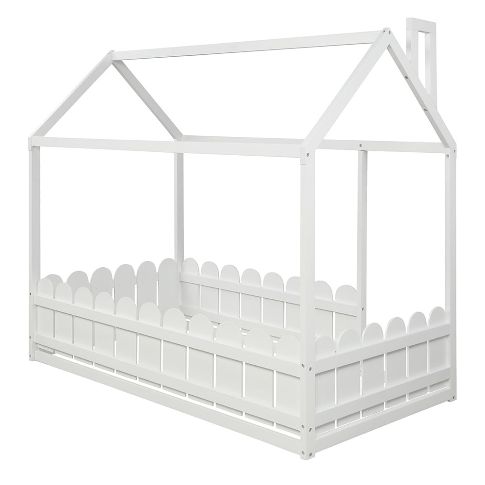Hommoo Twin Size Wood Bed, House Bed Frame with Fence for Kids, Teens, Girls, Boys (White)