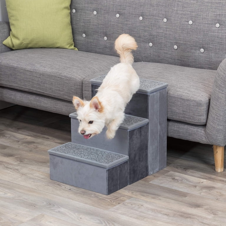 TRIXIE 3-Step Foldable Velour Pet Stairs with Storage, Gray
