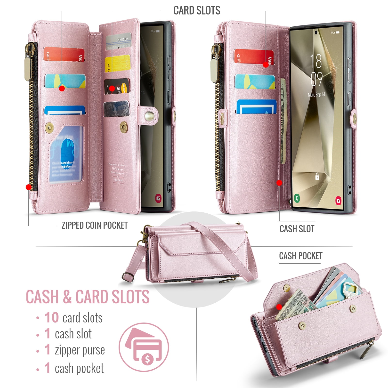 Compatible with Samsung Galaxy S24 Ultra 5G Zipper Wallet Phone Case Tempered Glass Screen Protector Crossbody Lanyard Strap Flip Card Holder Slot Cell Cover for S24Ultra 24S S 24 24U Women Rose Gold