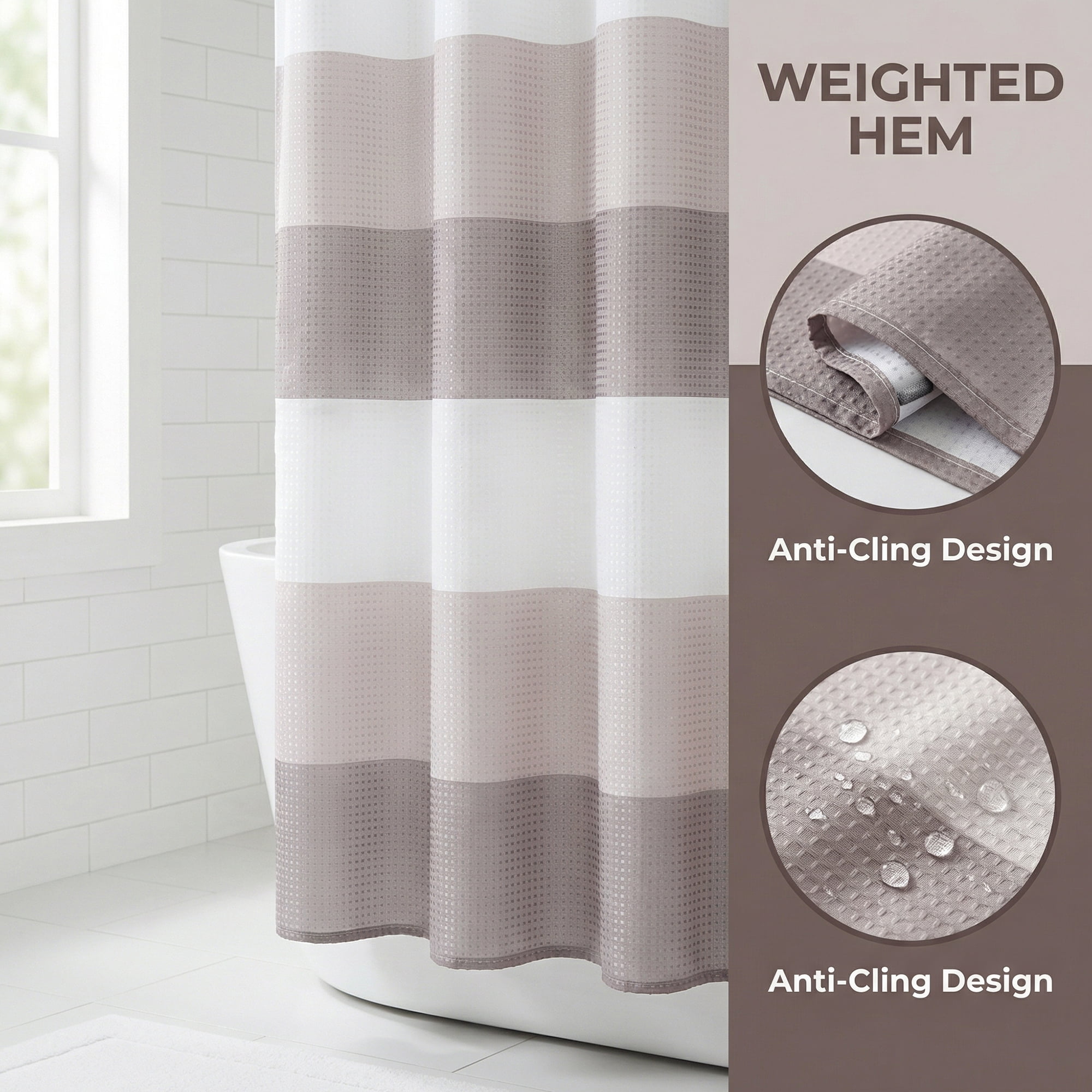 Unique Bargains Waffle Stripe Shower Curtain Sets with 12 Hooks Grey 71"W x 71"L