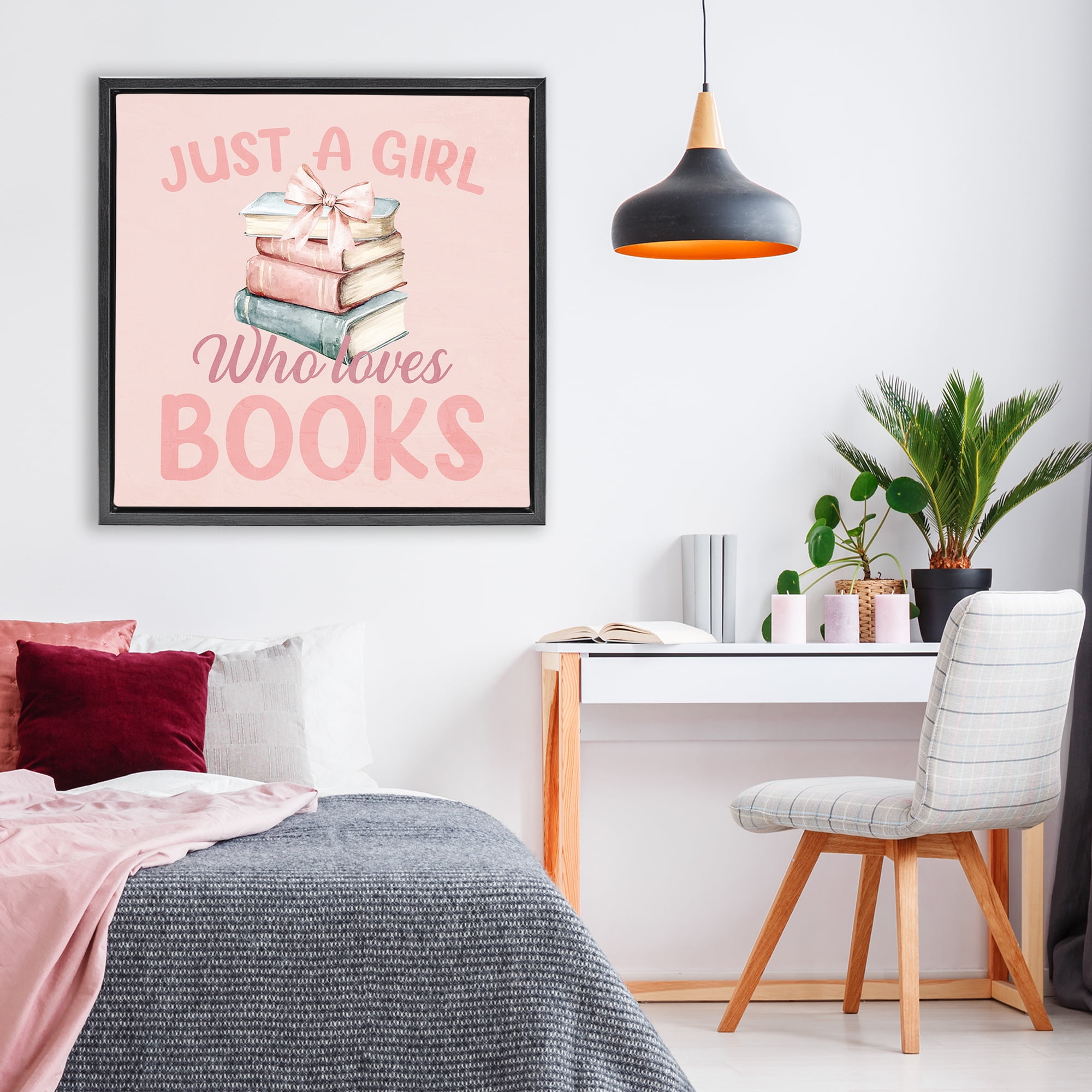 Reader Girl Who Loves Books Black Framed Floater Canvas Wall Art, design by Kim Allen