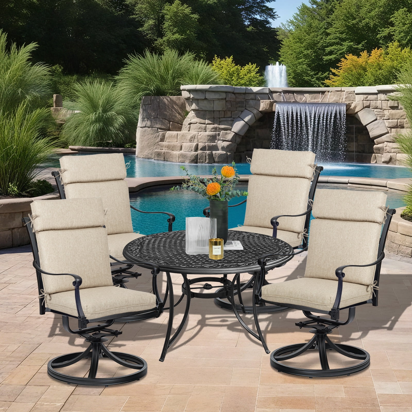 BPS Outdoor High Back Dining Chair Cushion Set, 37"x20"x2.8", TPU Water Repellent Coating&Stain Resistant, Polyester Fabric Cover with Ties and Zipper, Brown, Set of 4