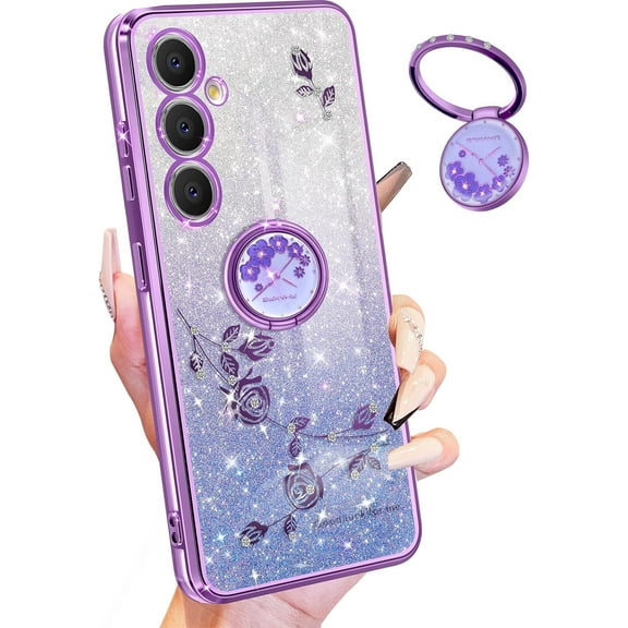 (3in1 for Samsung Galaxy S23 FE Case for Women Girls Glitter Girly Cute Bling Flowers Purple Phone Cases with Ring Stand Design Sparkle Floral Shiny Pretty Cover for Samsung S23 FE 5G 6.4''