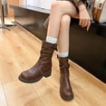 thumbnail image 3 of Womens Platform Mid Calf Combat Boots Wide Feet Fashion Leather Chunky Low Heel Motorcycle Riding Short Booties, 3 of 6