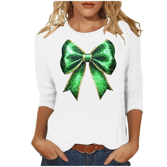 Posijego Plus Size Womens 3/4 Sleeve Shirts St Patricks Day Print Ladies Crew Neck Basic Tee Shirt Summer Tunic Tops