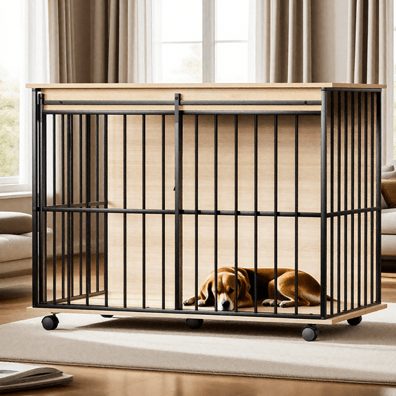 ZephyPaws 44in Dog Crate Furniture,Wooden Dog Kennel Indoor with Double Doors, Dog Cage with Wheels,Dog House Side End Table for Large Dogs up to 85 lb,Natural Black