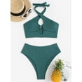 thumbnail image 3 of ZAFUL Women Swimsuit O Ring Ribbed Halter Keyhole Tankini Swimwear Deep Green M, 3 of 6