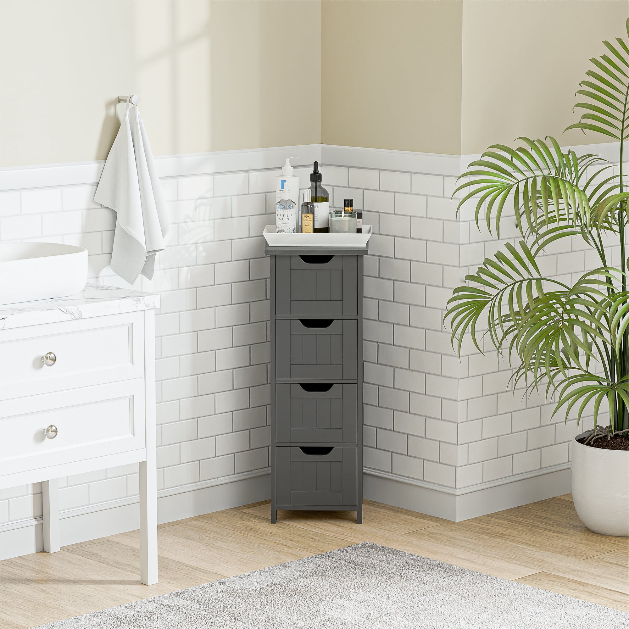 SuperDeal 4-Drawer Bathroom Storage Cabinet – Freestanding Wood Organizer Waterproof Small Side Cabinet for Home Living Room, Gray