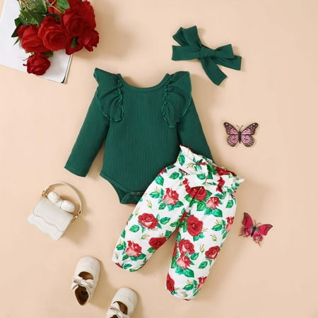 BLTIBY Baby Girls Oufits Infant Toddler Fall Spring Pants Set Ruffle Romper+ Floral Pants + Cute Headband Sets Green 3-6 Months BLTIBY Baby Girls Oufits Infant Toddler Fall Spring Pants Set Ruffle Romper+ Floral Pants + Cute Headband Sets Green 3-6 Months