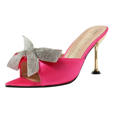 

dmqupv Heel with Ladies Fashion Solid Color Satin Rhinestone Bow Pointed Toe Thin Shoes for Women Dressy Low Heel Shoes Hot Pink 7.5