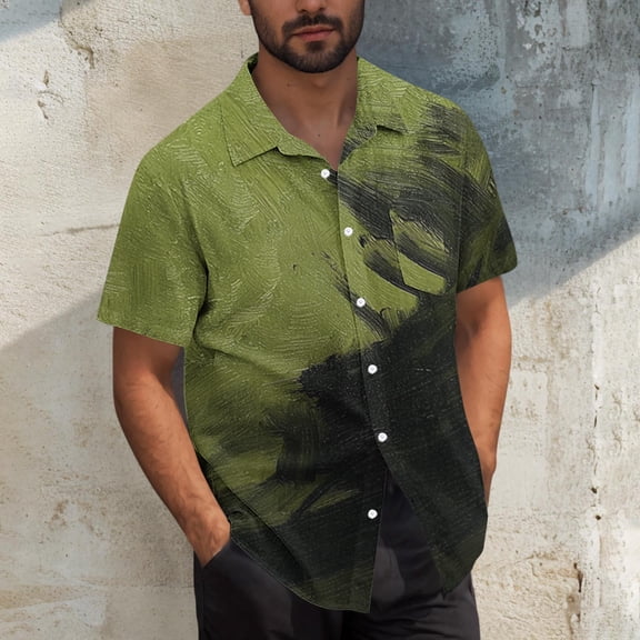 T-shirts for Men Plus Size under $5 Short Sleeve Gradient Button Turndown Collar Printing Casual Shirt Blouse Army Green XXXL