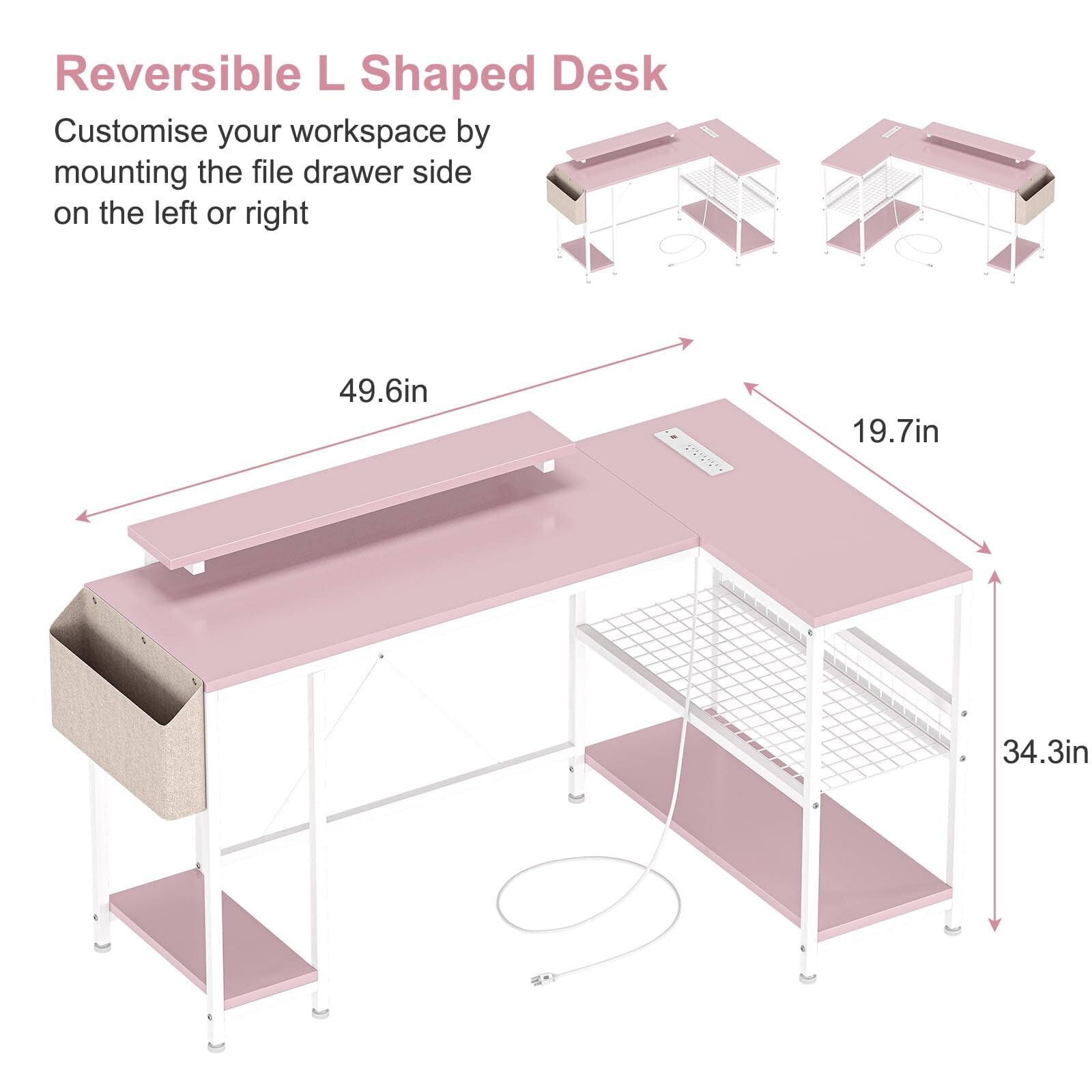 Jojoka 49.6" Reversible L Shaped Computer Gaming Desk with LED Light & Power Outlets, Corner PC Desk with Storage Shelves & Monitor Stand, Home Office Desk, Writing Desk, Workstation, Pink