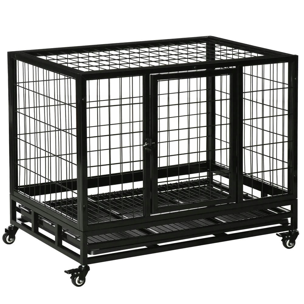 Topcobe 36" Heavy Duty Dog Crate with Removable Tray, Lockable Wheels and Double Door, for Medium and Large Dogs, Indoor Outdoor Pet Shelter, Small Animal Habitat, Black