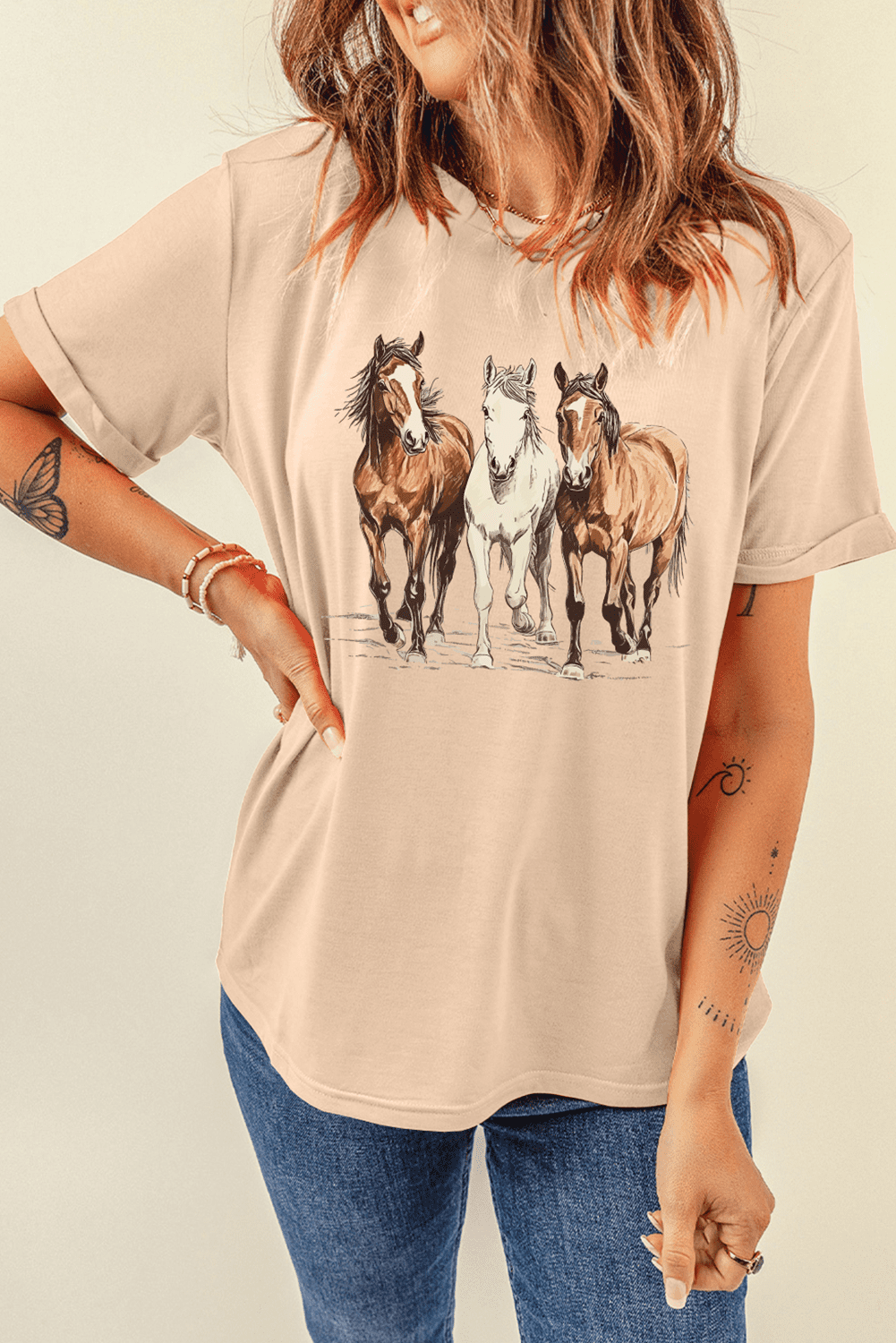 Women's Khaki Gallant Horses Printed Casual T-Shirt - Equestrian Style - [ZhiHiMeRi] | (US 20-22)2XL