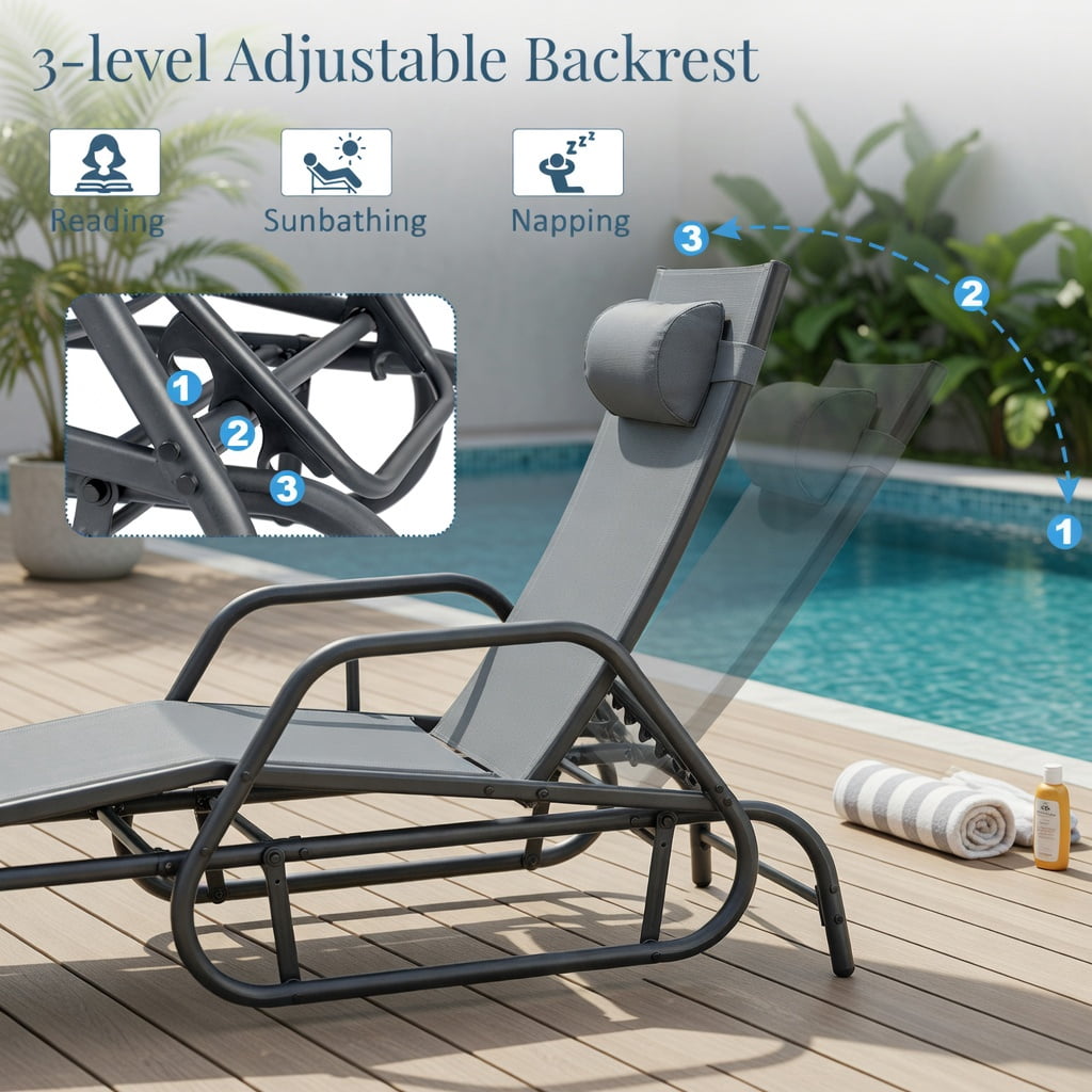 Hommoo Outdoor Chaise Lounge Glider Chair with Adjustable Backrest, Removable Pillow & Quiet Gliding Arms, Fabric & Metal Design, Gray