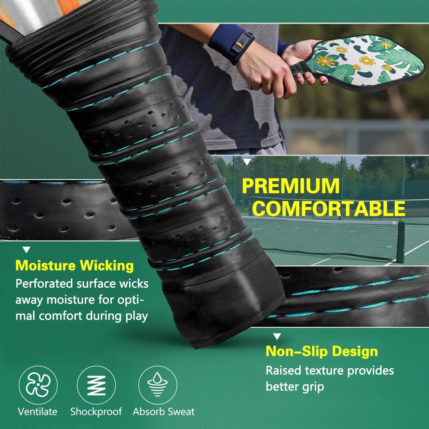 Pickleball Paddles Set Of 2, Fiberglass Surface, Tropical Jungle Print, 4 Balls & Bag