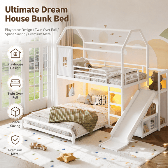 Twin over Full Metal House Bunk Bed with Slide & LED, White