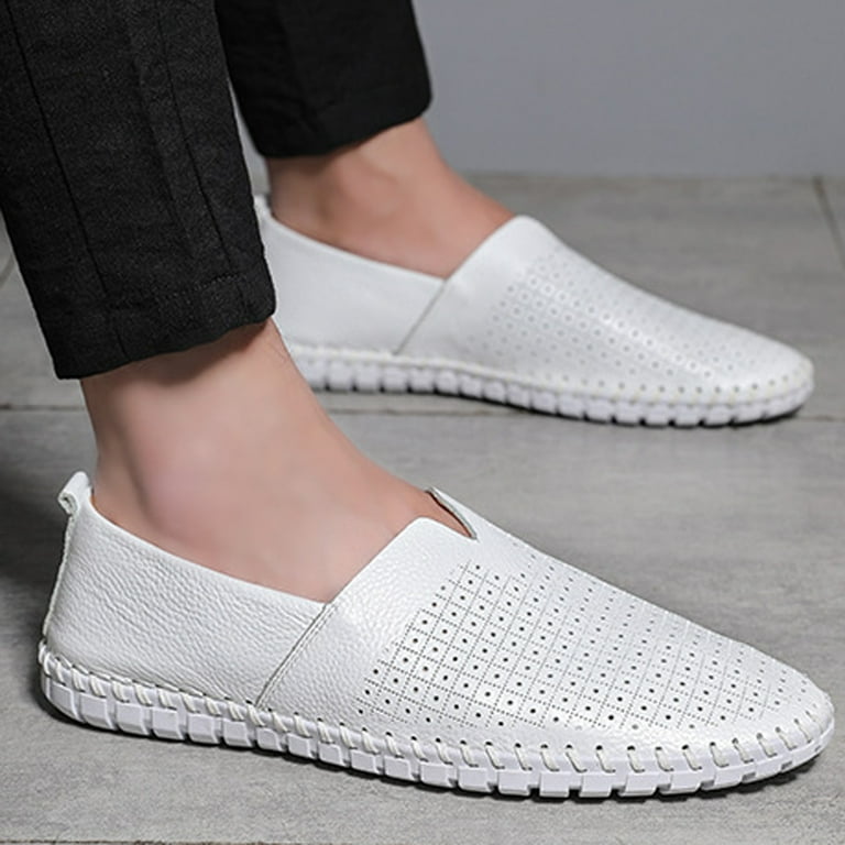 Lovskoo Men's Leather Loafer Shoes Oversized Casual Slip On Hollow Out Soft  Walking Driving Shoes White 