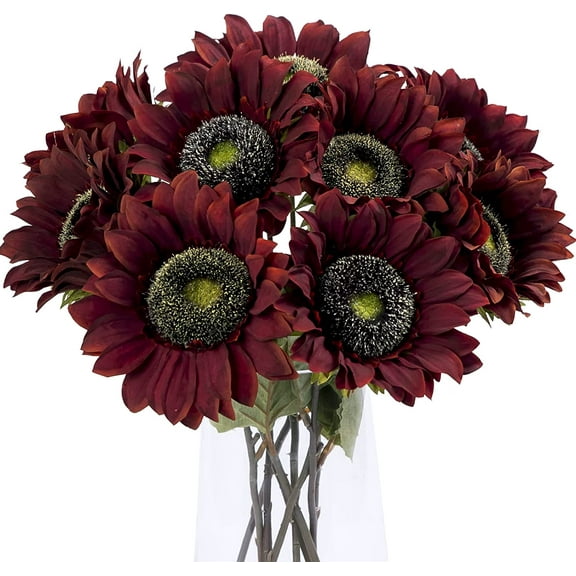 MAMOWEAR 6Pcs Artificial Flowers Bouquet Real Touch Long Stems Faux Silk Sunflowers Floral for Wedding Party Centerpieces Home Indoor Decor(Red)