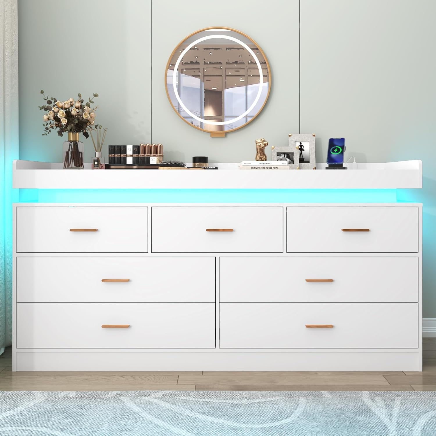 ChVans White Dresser with LED Light and Charging Station, Modern Wood Dresser with Wide Drawers and Metal Handles, 7 drawer dresser for Bedroom, Living Room, Entryway, Hallway