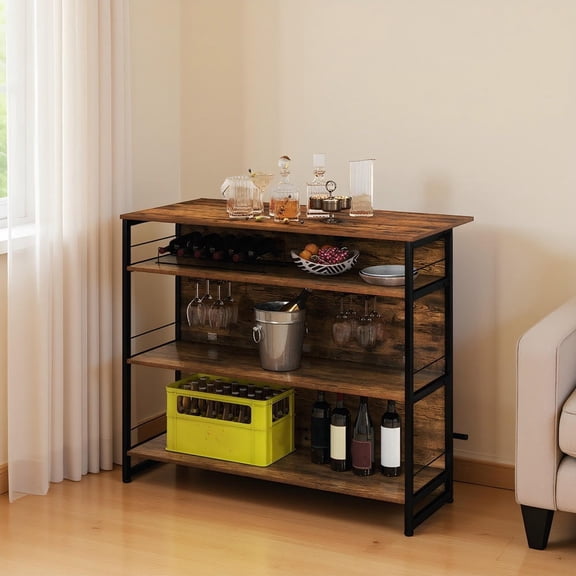 Kadyn 4-Tier Mini Bar Cabinet Modern Kitchen Island with Footrest Wine Rack Storage for Kitchen Dining Room Living Room Home Bar Furniture, Rustic Brown