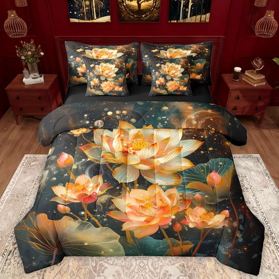 Manfei Rustic Flower Lotus 7-Piece Twin Bedding Sets,Countryside Lake Plant Bedding Comforter Set,Country Floral Sheet Sets For Girls,Breathable Home Decor Reversible