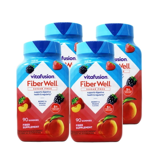 Vitafusion Fiber Well Sugar Free Fiber Supplement Gummies, Berry & Peach Flavors, 90 Count - 4 Pack