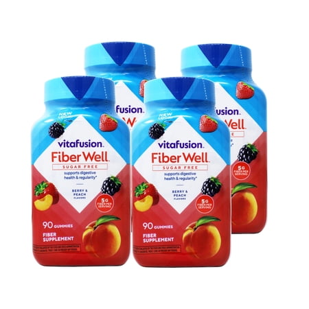 Vitafusion Fiber Well Sugar Free Fiber Supplement Gummies, Berry & Peach Flavors, 90 Count - 4 Pack