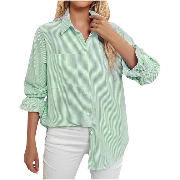 Craaazy Womens Shirts Casual Long Sleeved Cardigan Striped Lapel Button Top With Pocket Gifts