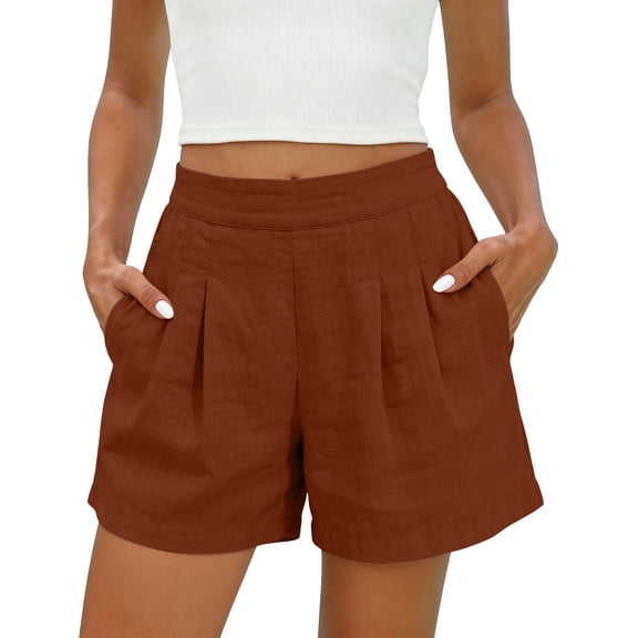 Atogsazn Womens Summer High Waisted Shorts Casual Dessy Pleated Cotton Linen Jogger Shorts Beach Pants Brown M Fashion