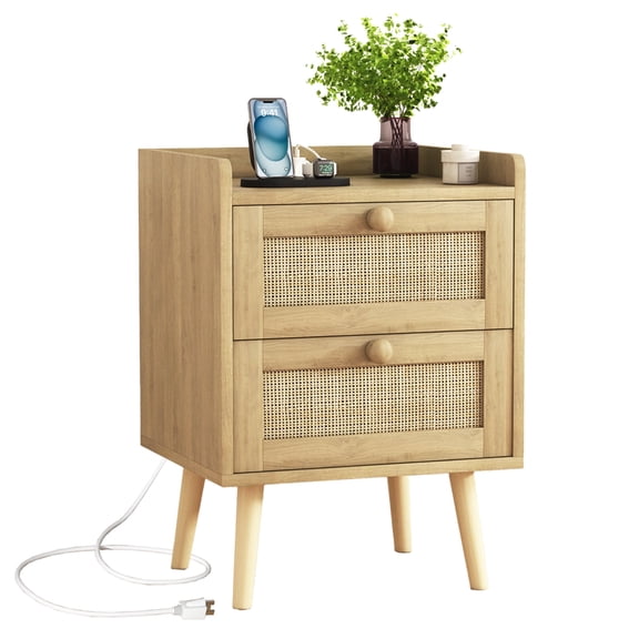 FANRAL Rattan Nightstand with Charging Station,Rattan Boho End Table with 2 Drawers Bedroom Bedside Side Tables Natural Night Stand for Living Room,Bedroom,Dorm Room Essentials