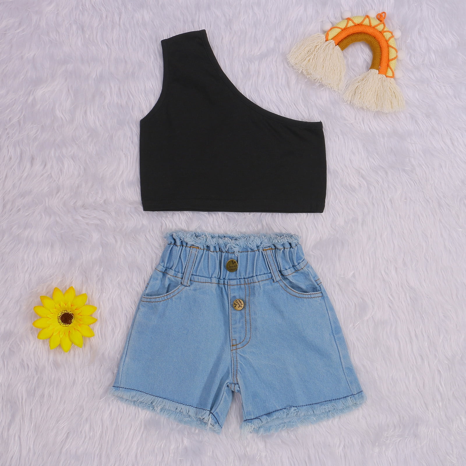 Kids Baby Girl Shorts Outfit Set One Shoulder Sleeveless Tank Top - Technical View