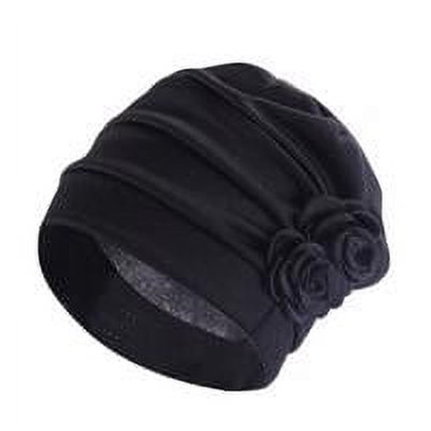 Gorro de quimio suave y cómodo Qarigey con flores negro