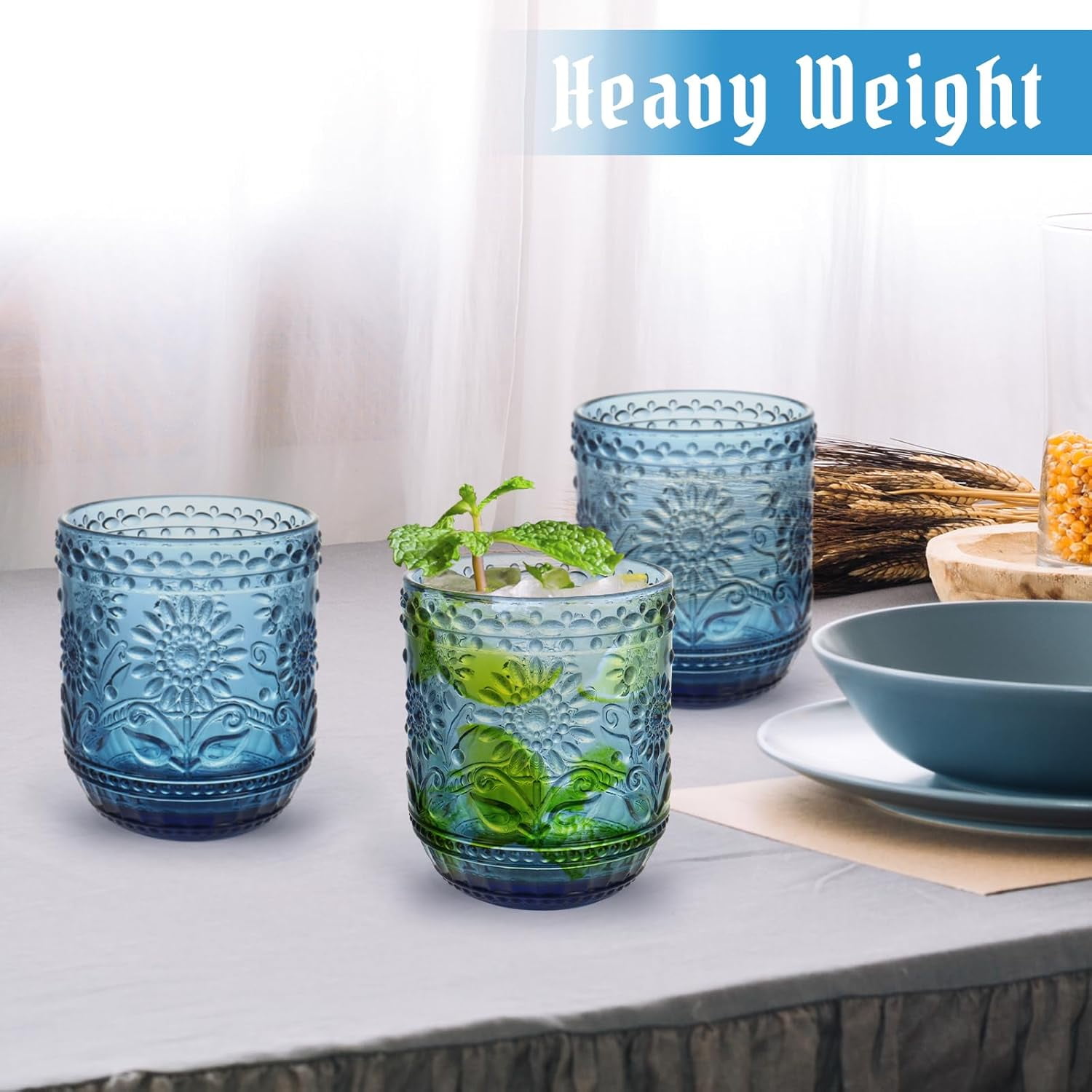 NANAHuang Vintage Drinking Glass Set of 4,12 oz Embossed Floral Drinkware Set,Green Drinking Glasses Cups Wine Glasses Colored Glassware for Whisky,Beer,Juice,Cocktail,Heavy Duty