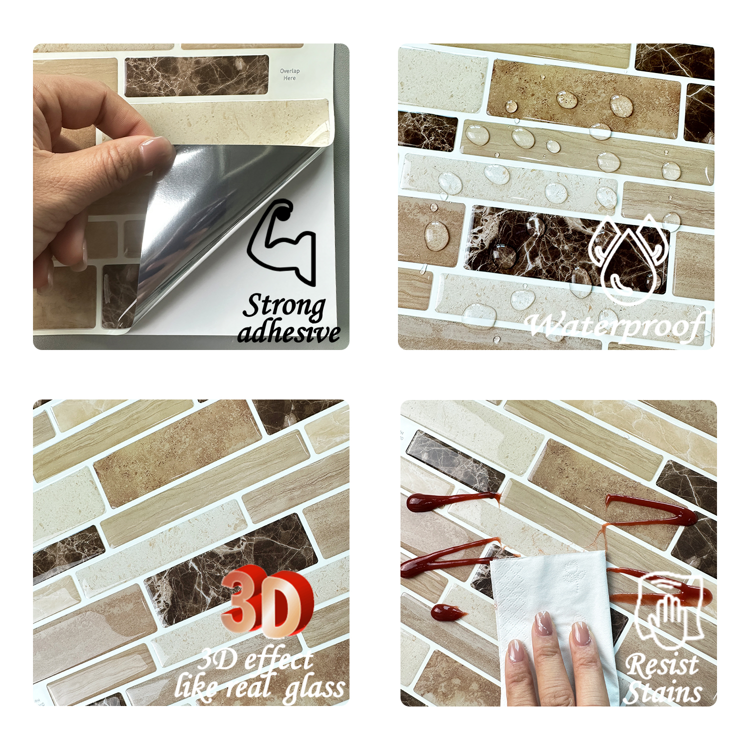 Clever Mosaics 12" x 12" Marble Vinyl Tiles, for Kitchen Backsplash 10 Pieces