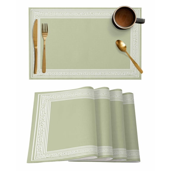 Placemats Set of 8, Sage Green Greek Key Woven Placemat, Linen Place Mats for Kitchen/Dining Tables, Geometric Greece Ancient Farmhouse Geo Washable Table Mats for Party