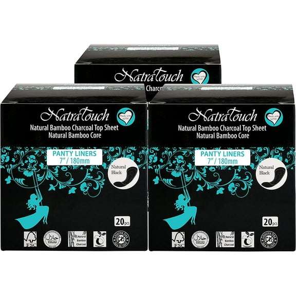 NATRATOUCH ~ COMPOSTABLE ~ Natural Bamboo Charcoal (PANTYLINER- 3 Pack Total 60 Liners)