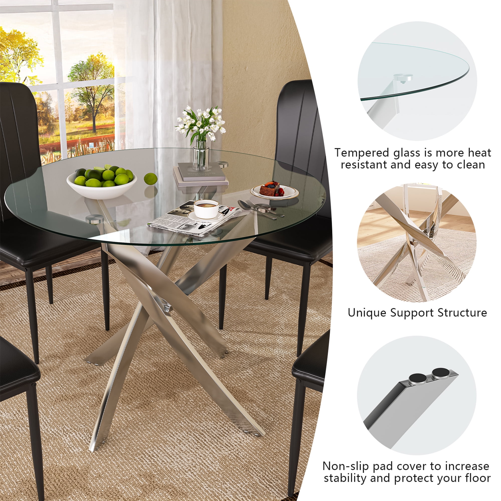 Round Dining Table Set for 4, 5-Piece Modern Tempered Glass Table with 4 Black Chairs - Compact Design for Kitchen/Living Room/Dining Room